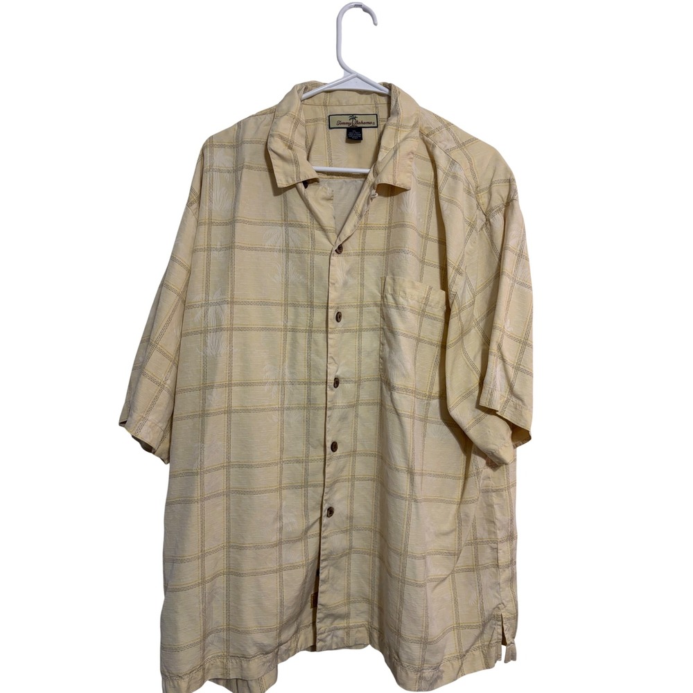 Tommy Bahama Button Down Camp Shirt Silk Palm Jacquard Yellow XL